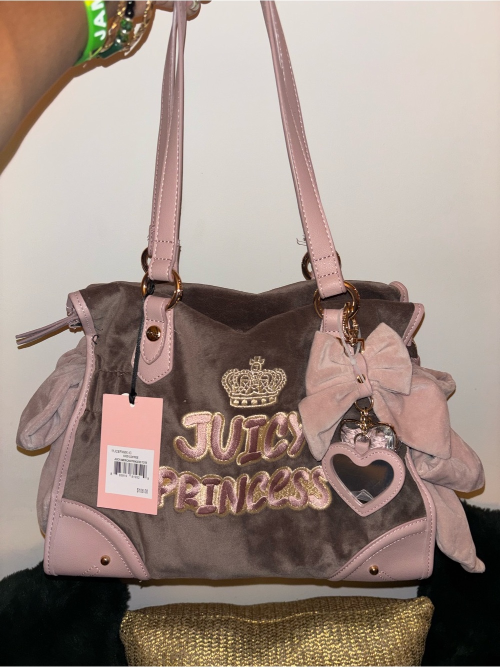 Juicy Couture Pink & Brown 'Juicy Princess' Velvet Shoulder Bag - Picture 10 of 11